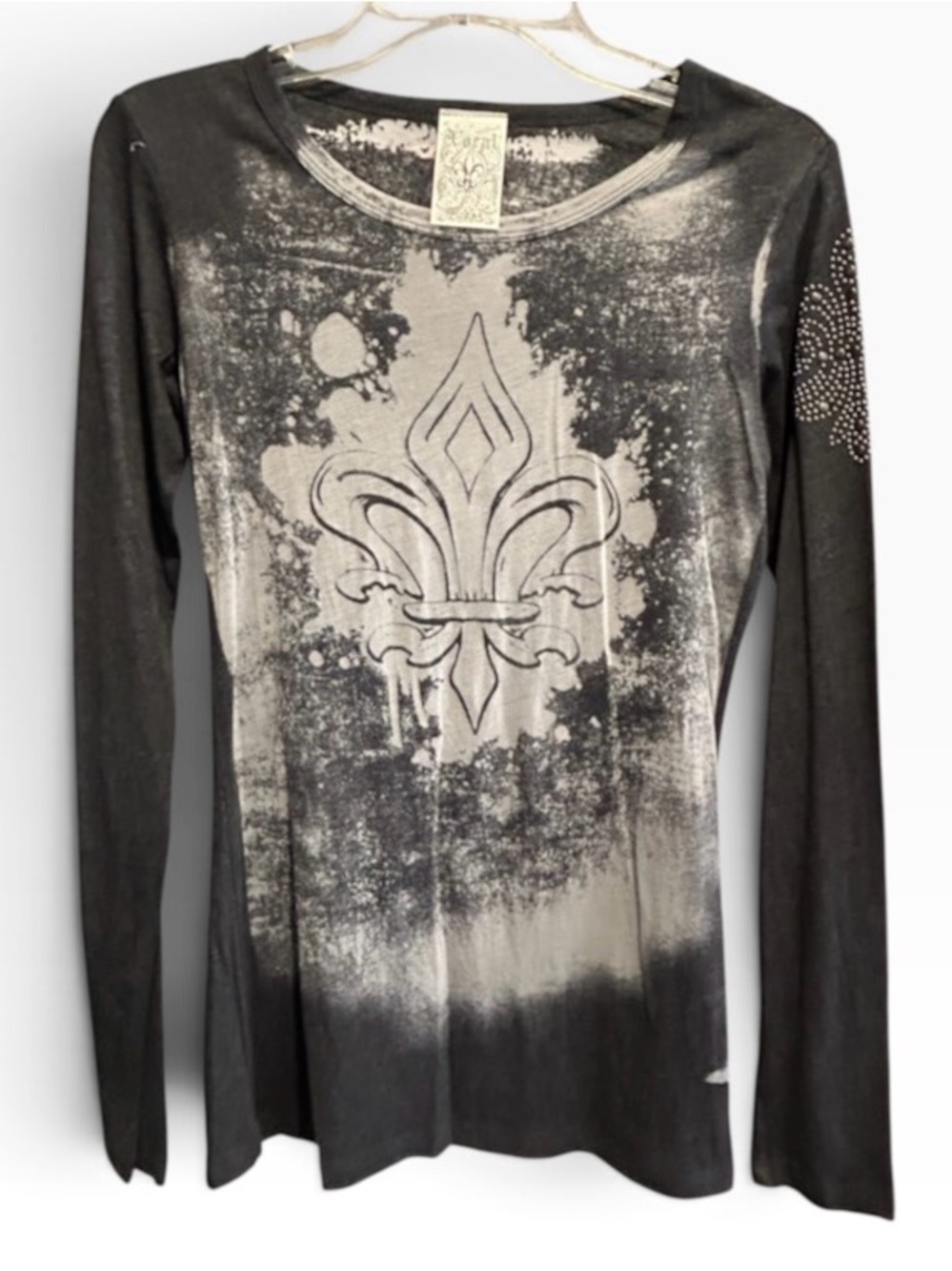 Vocal Apparel Cyber Y2K Fleur-de-Lis Rhinestone Graphic Long Sleeve Top Sz M